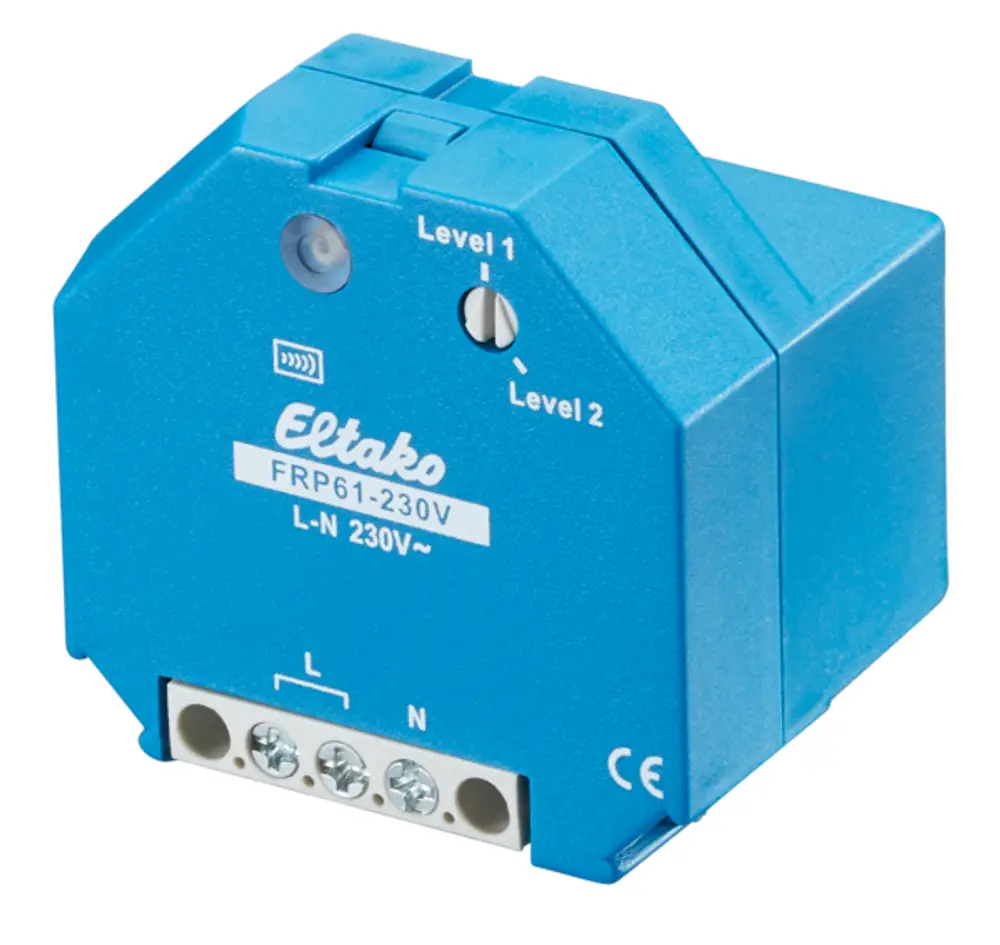 Eltako Funkrepeater in blauer Kunststoffhülle, mit zwei Einstellknöpfen auf der Vorderseite und Anschlussklemmen für L-N, zur Verwendung in 230 V AC.
